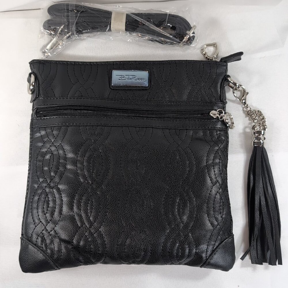 Bella Russo Black Embroidered Crossbody Bag Faux Leather Silver Hardware Fringe